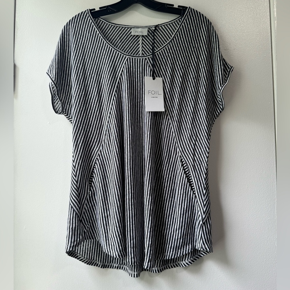 Foil Strips Linen Short Sleeve Lightweight Top